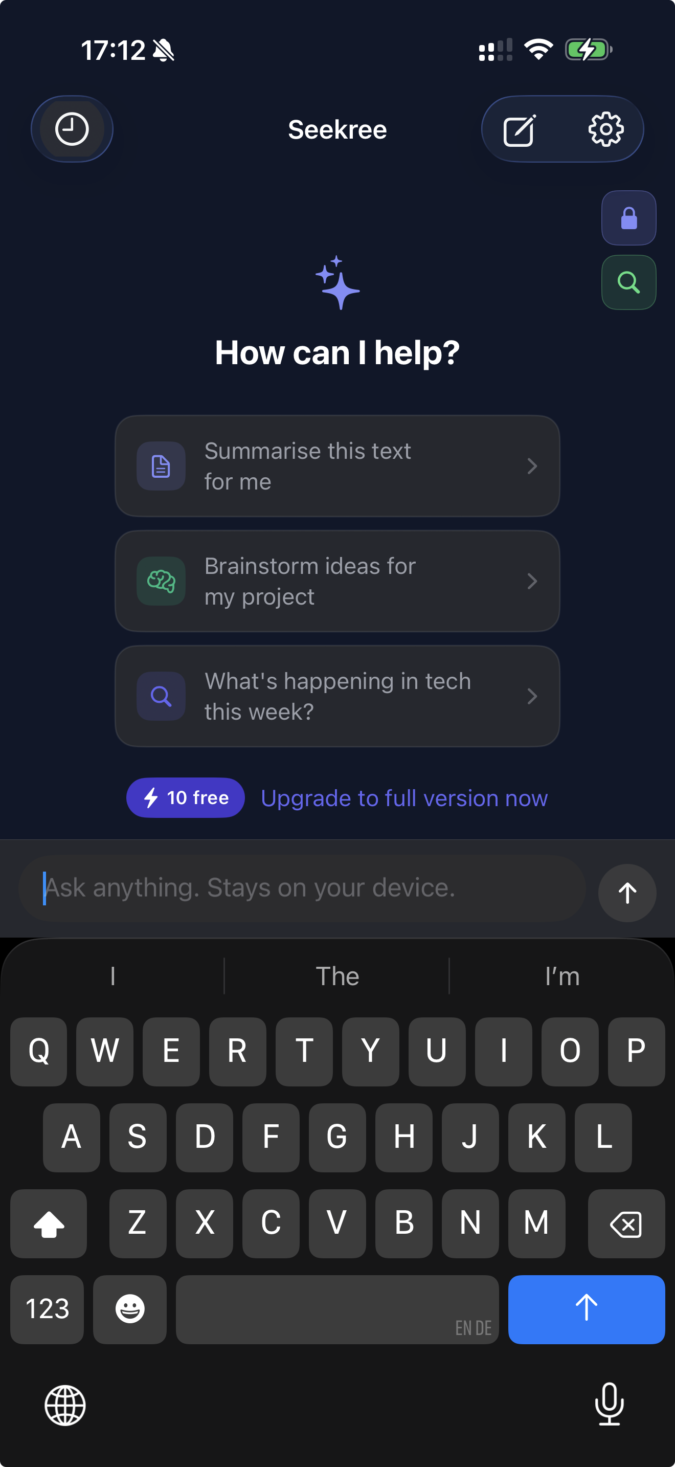 Seekree private AI chat app — dark mode home screen on iPhone