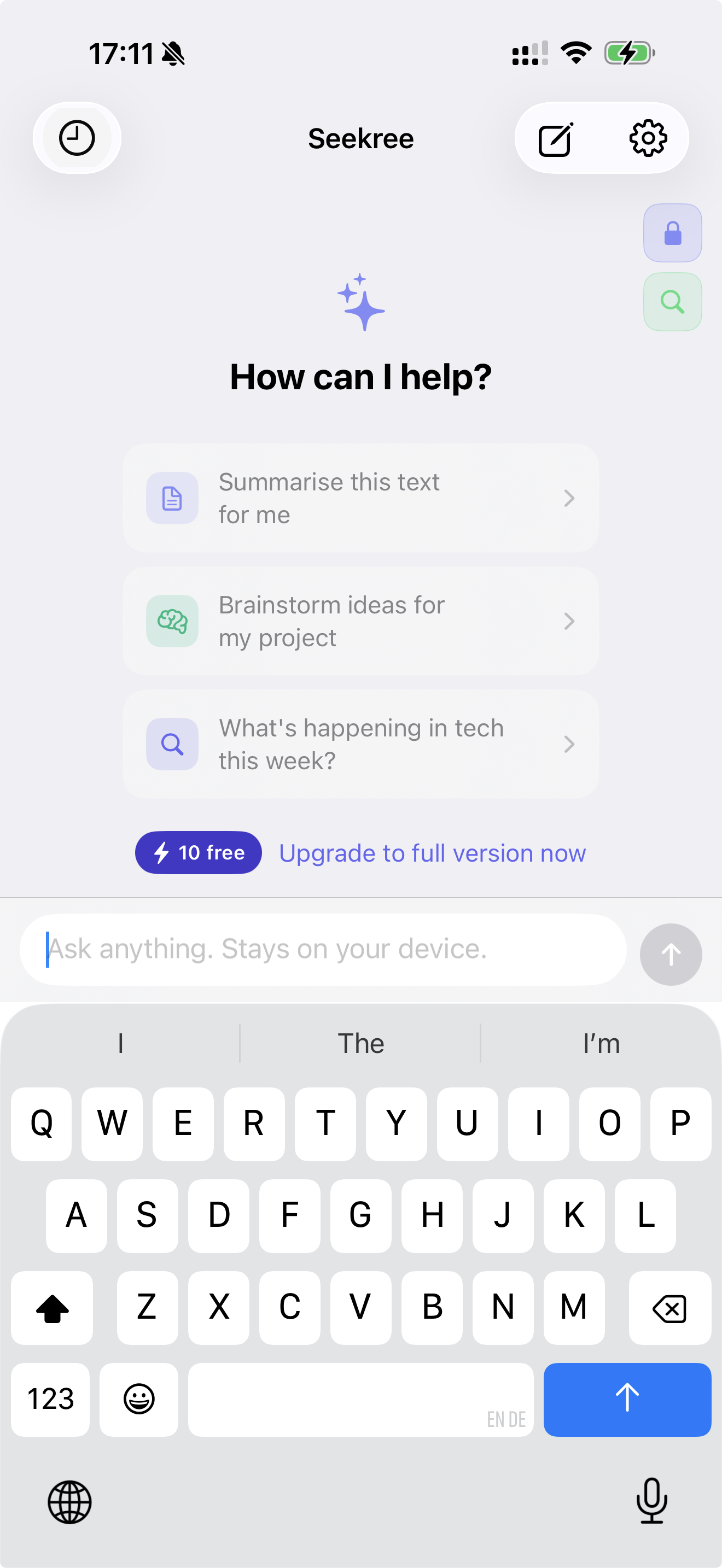 Seekree private AI chat app — light mode home screen on iPhone